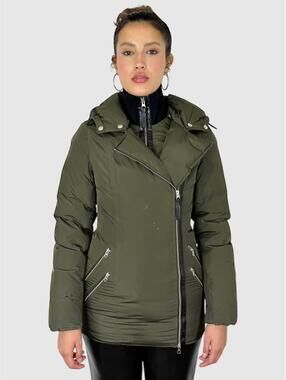 Mackage Down Puffer Jacket Coat Womens XSOlive Green Asymmetric Zip Modern City